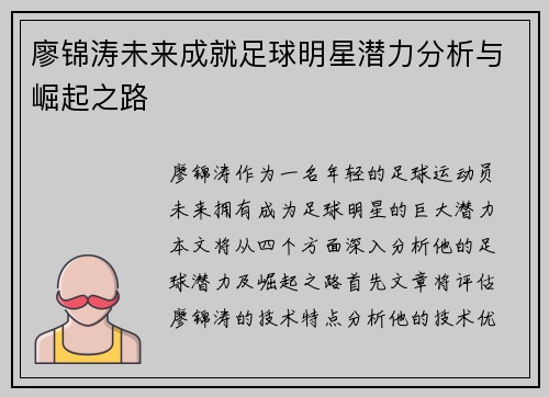 廖锦涛未来成就足球明星潜力分析与崛起之路