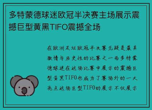 多特蒙德球迷欧冠半决赛主场展示震撼巨型黄黑TIFO震撼全场