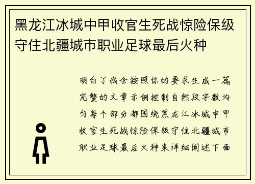 黑龙江冰城中甲收官生死战惊险保级守住北疆城市职业足球最后火种
